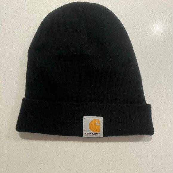 Carhartt Beanie Hat Cap Youth Kids Unisex One Size‎ Black Knit Cuffed Logo - Picture 2 of 5